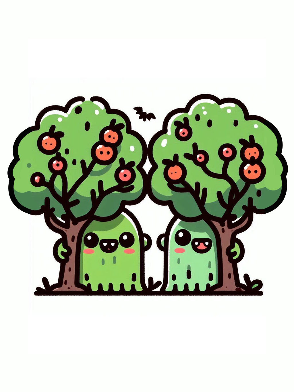cute halloween drawings for kids 2: Two cute monsters playing hide and seek behind vibrant apple trees, a small bat flies overhead under a clear sky.